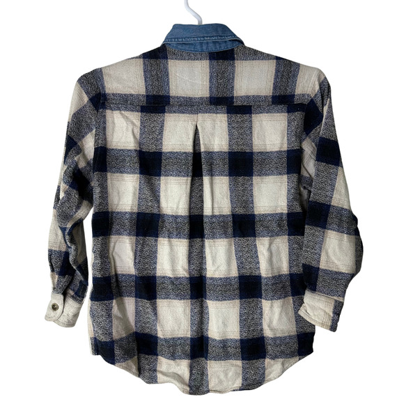 VTG Paris Sport Club Shirt Women Small Plaid Denim Collar Button Up‎ Shacket 90s - Picture 2 of 8